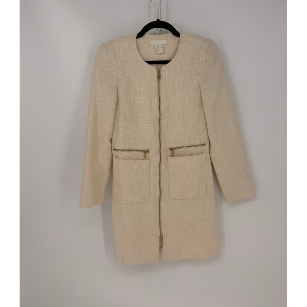 H&M Tweed Jacket Womens 4 Cream Long Zip Front Collarless Coat Preppy Old Money